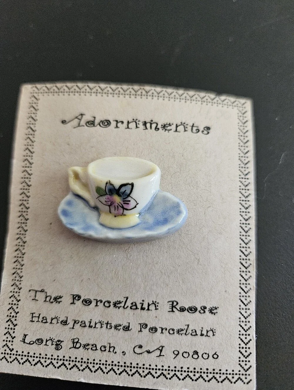 Handpainted Mini Teacup Pin - White & Blue